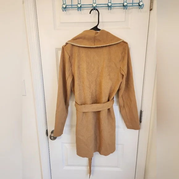 Cactus + Pearl Suede Mustard Brown Midi Coat W/ Belt Size S #R446 - Picture 3 of 5